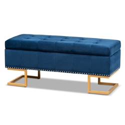 Baxton Studio Ellery Luxe and Glam Navy Blue Velvet Fabric Upholstered and Gold Finished Metal Storage Ottoman